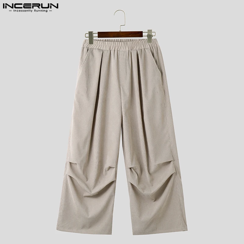 INCERUN-Pantalones largos de pana para hombre, ropa de calle informal, de pierna ancha, color sólido, S-5XL, estilo coreano, novedad de 2023