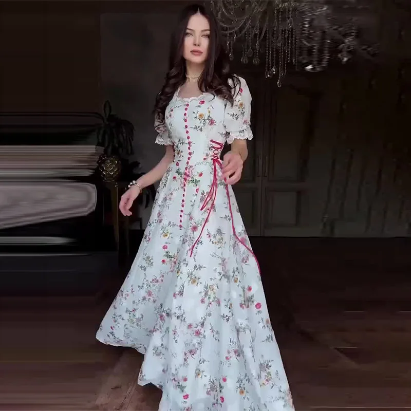 Verão 2025 novo design transfronteiriço u-ne renda floral impressão longa dr feminino malha a linha saia Thiened verão dr