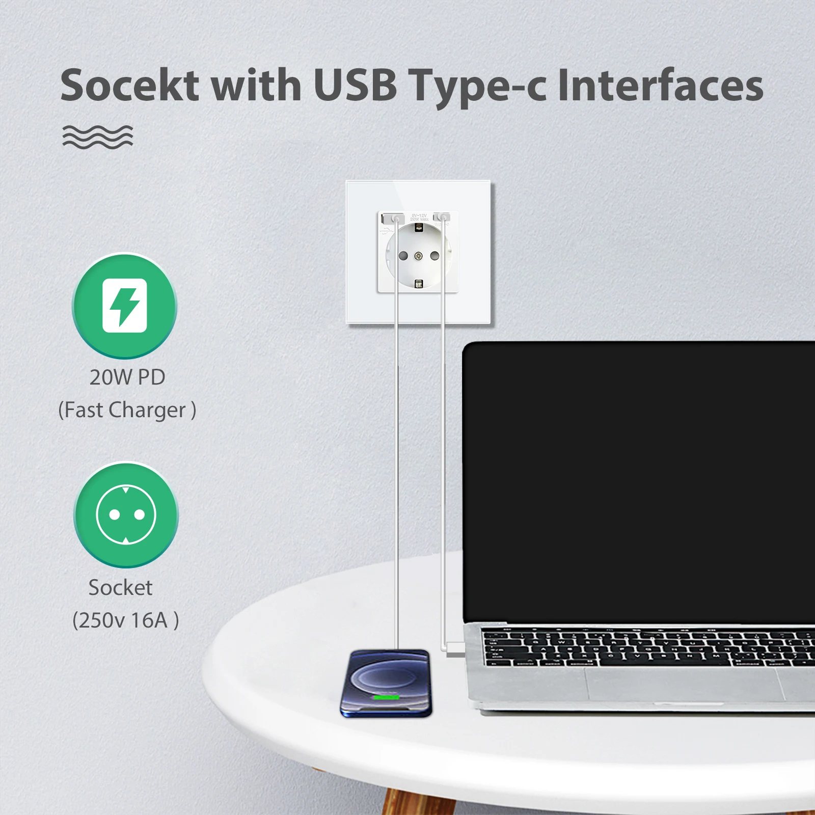 BSEED EU Standard PD Fast Charge Socket Power Plugs With USB Interface Type-C Phone Charger Port 5V-12V 20W Glass Panel Socket