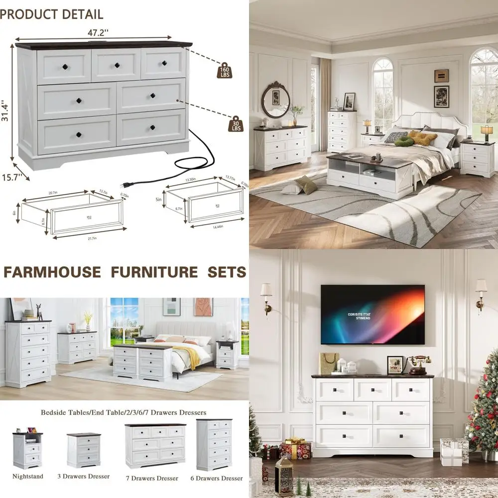 

Комод для спальни с 7 ящиками и зарядной станцией, органайзер с 7 выдвижными ящиками, белый деревянный шкаф для хранения в гостиной