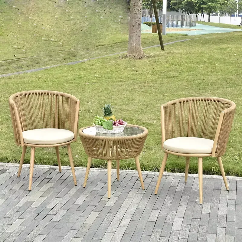 Fashion Creative Outdoor Rattan Coffee Tables Glass Top Patio Courtyard Garden Villa Dining Set Garden Chairs