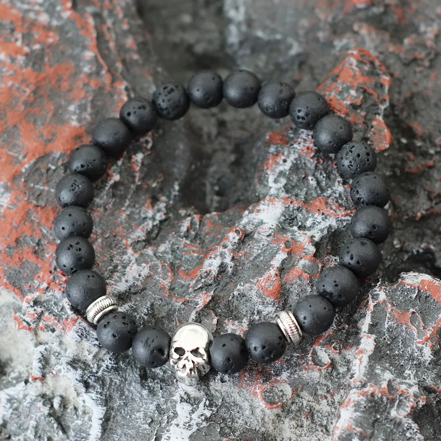 Retro Halloween Skull Bracelet For Men 8mm Lava Tiger Eyes Hematite Healing Braclet Hiphop Accessories Cycling Braslet Homme