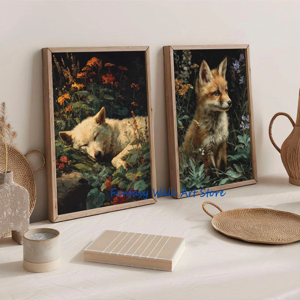 Vintage Deer Hedgehog Squirrel Wolf Forest Painting Cottagecore Woodland Animals Poster Canvas Painting Wall Pictures Home Decor