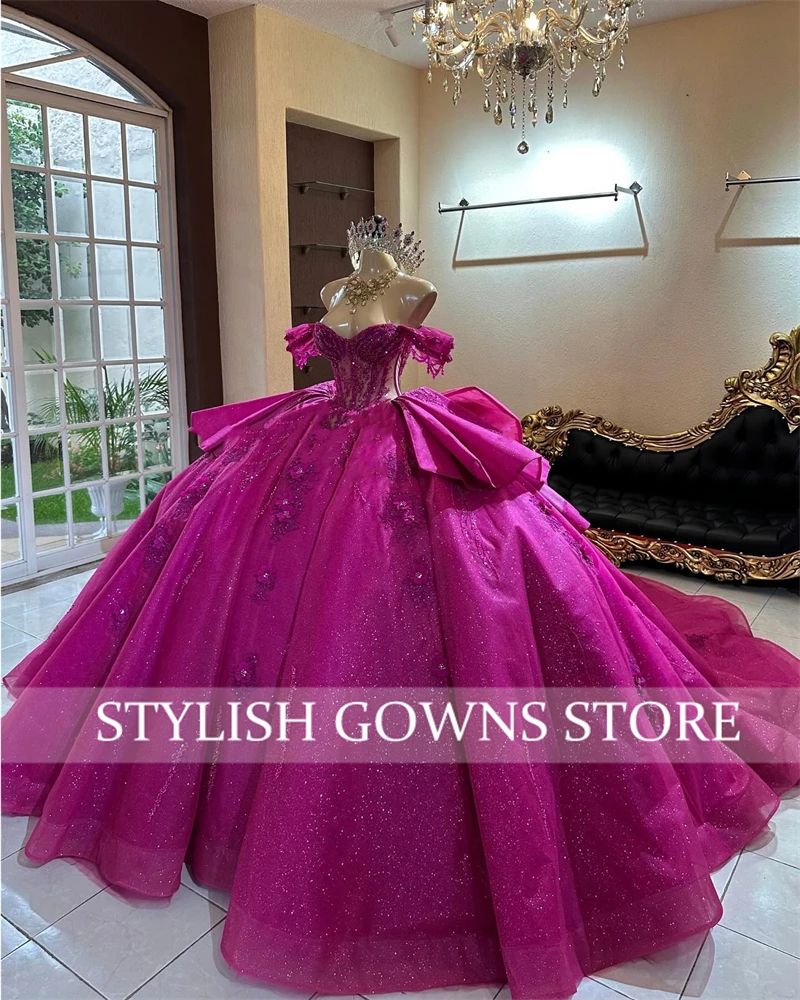 Mexico Fuchsia Off The Shoulder Tassel Quinceanera Dress Ball Gown Beaded Appliques Princess Dresses Bow Tiered Customized