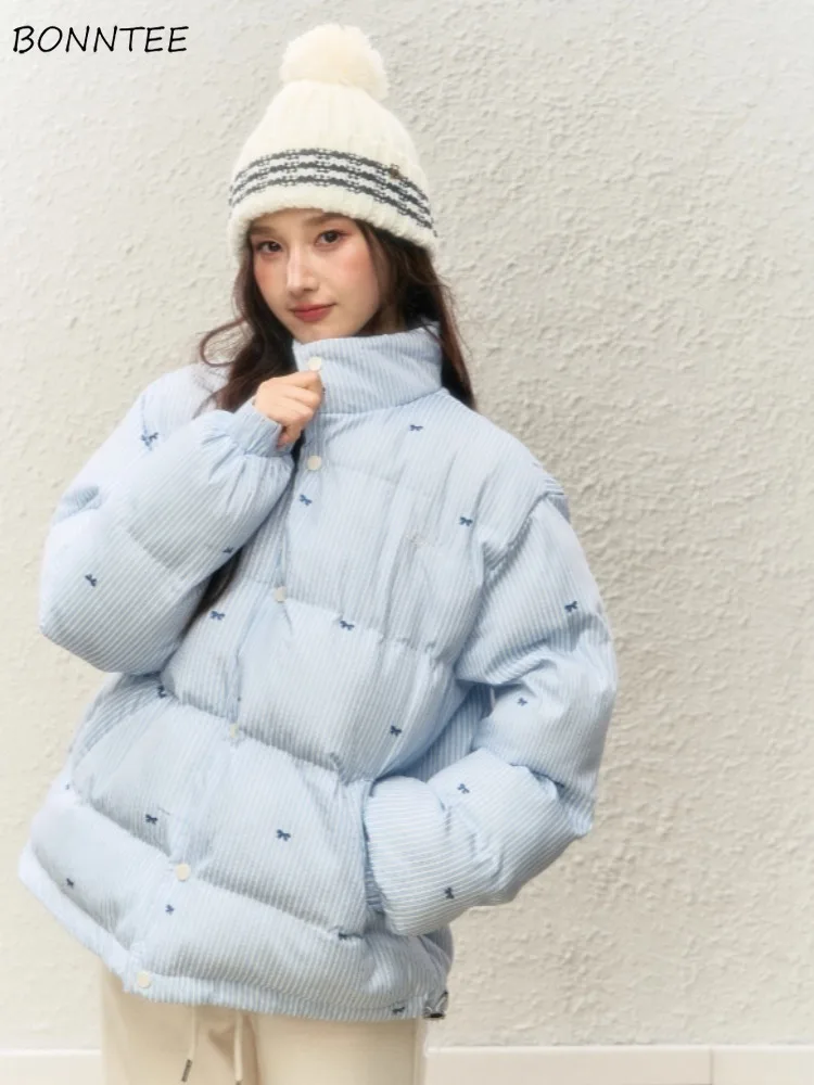 

Parkas Women Plus Velvet Warm Winter All-match Ins Tops Korean Striped Preppy Style Girlish Blue Trendy Bow Daily Stand Collar