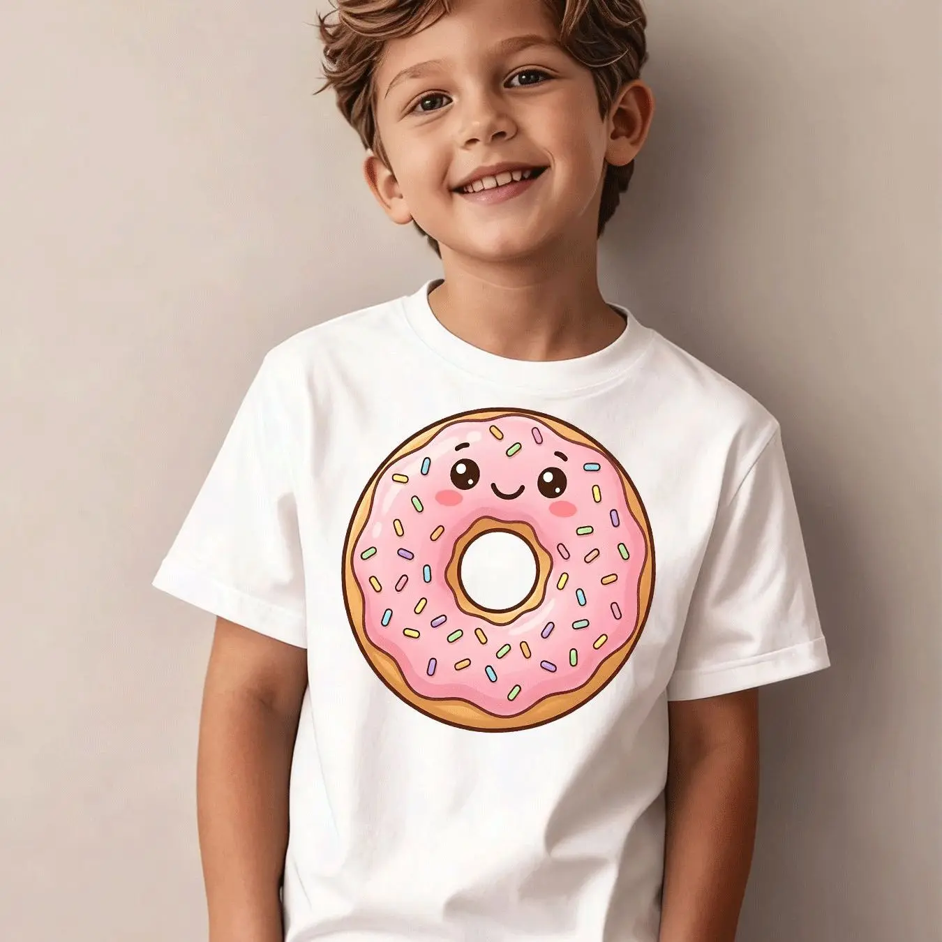 

Boys' Casual Clothing Trend Cute Donut Cartoon Pattern Children's T-shirt, Suitable for Boys Aged 5-13, Daily Wear Holiday Gifts