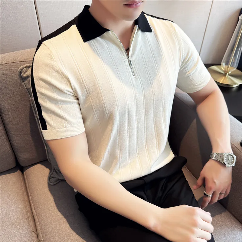 

Men Knitted Polo Shirt British Style Summer Light Thin Short Sleeved Daily Wear Top Casual Striped Lapel T Shirt Men Clothing