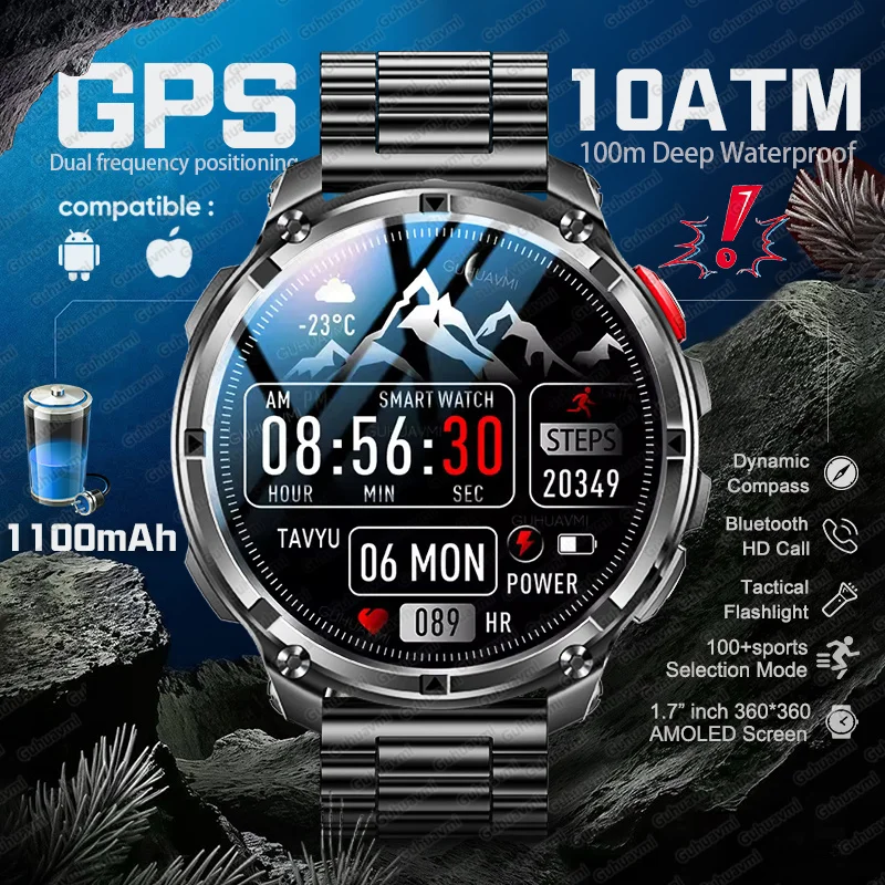 2026 جديد GPS العسكرية في الهواء الطلق 1100mAh بطارية ساعة ذكية الرياضة الرجال 10ATM مقاوم للماء السباحة 1.7 بوصة HD بلوتوث دعوة Smartwatch #1