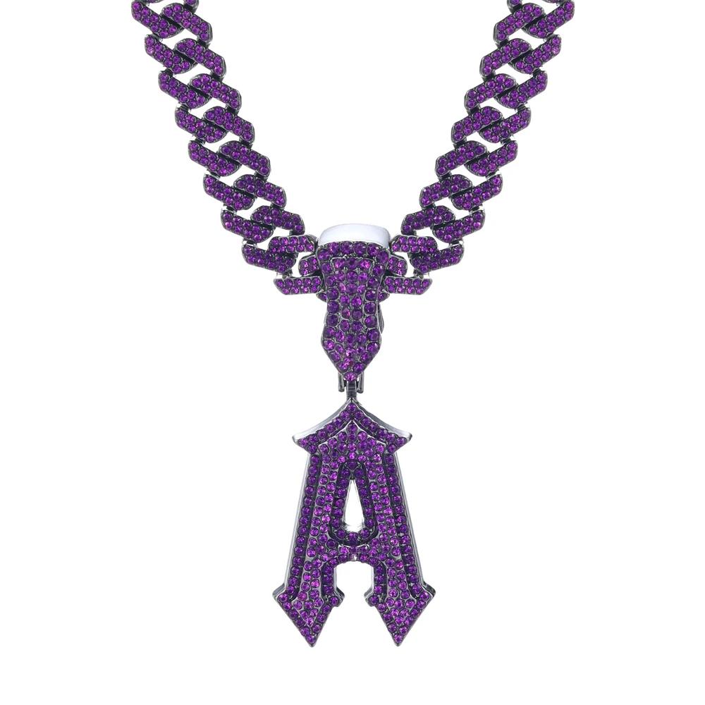 Hip Hop Full 12MM Purple Iced Out Letters Necklaces Iced Out Cross Sword Letters Necklace & Pendant For Men Women Jewelry