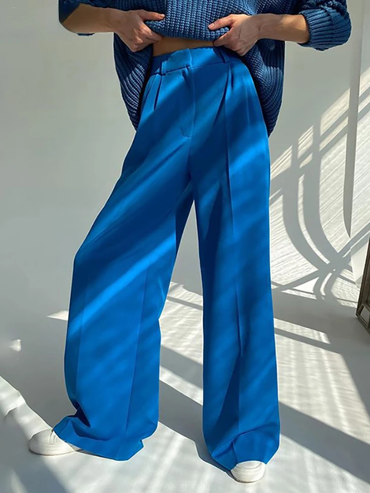 

Bornladies Blue Office Women'S Pants 2023 Fashion Loose Full Length Ladies Trousers Casual High Waist Wide Pants for Women