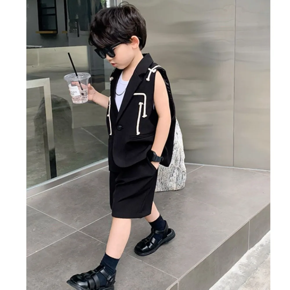 Boys\' Suit Set For Summer 2024 New Handsome Children\'s Clothes Vest Jacket Shorts Two-piece Personalized Fashionable Suits