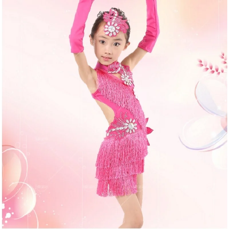 child kid children professional latin dance dress for girls ballroom dancing dresses for kids red sequin fringe salsa JustSaiyan