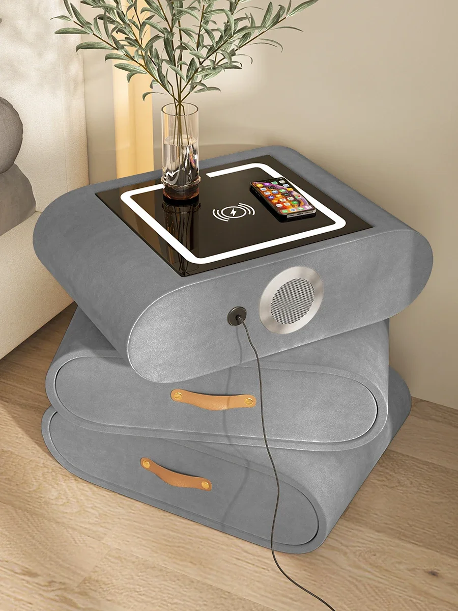 Modern minimalist velvet rotating wireless glass filled sound bedside table