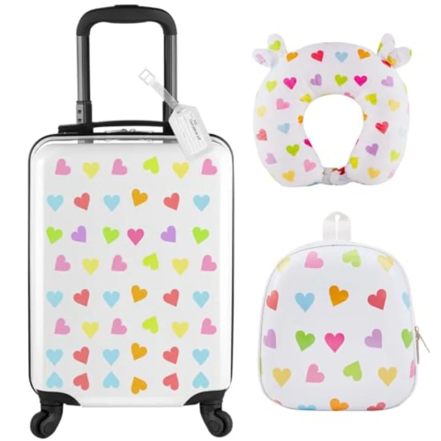 

4 Pcs Luggage Set Carry On Rolling Suitcase Backpack Neck Pillow Travel Set Gift for Girls Boys Summer Camp