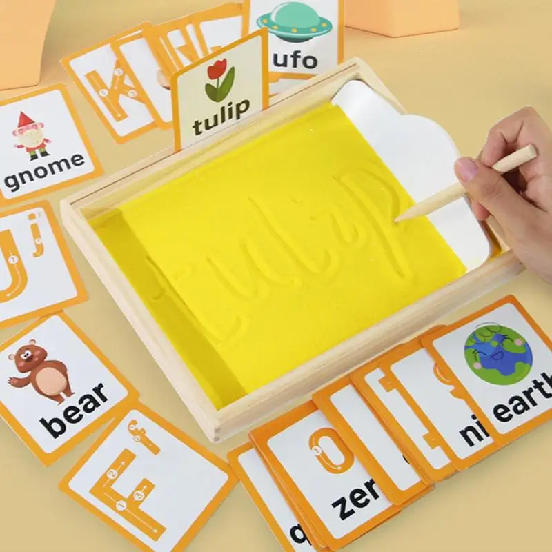 Sand Tracing Tray Wooden Writing Play Sand Tray With Pen Sand And Cards Educational Toys For Kids Ages 3 Preschool Learning