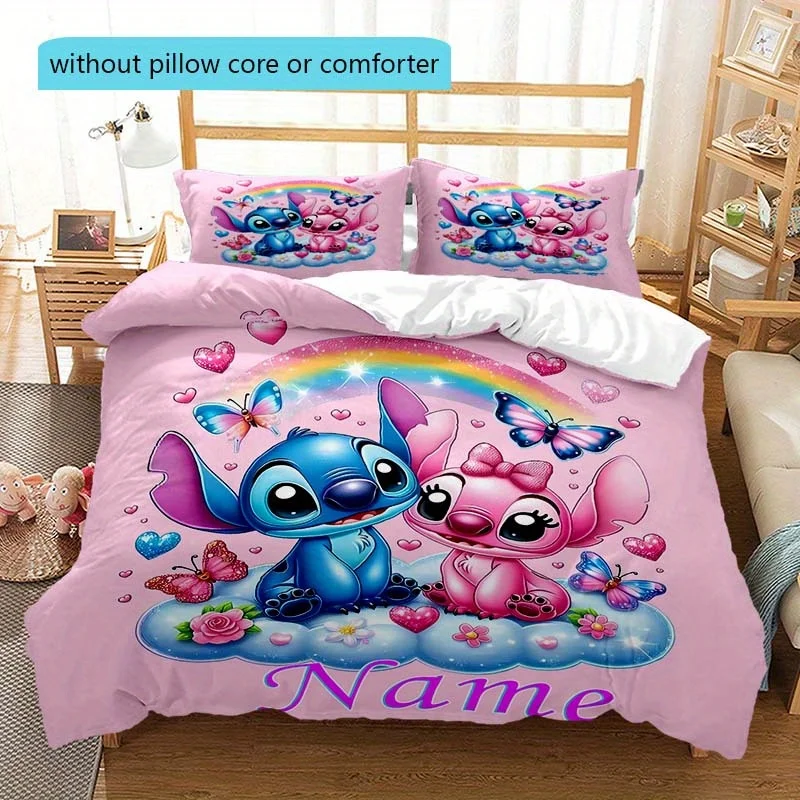 Custom Name Stitch Cartoon Duvet Cover Set  Personalized Bedding for All Seasons  Includes 1 Duvet Cover & 2 Pillowcases Bedroom