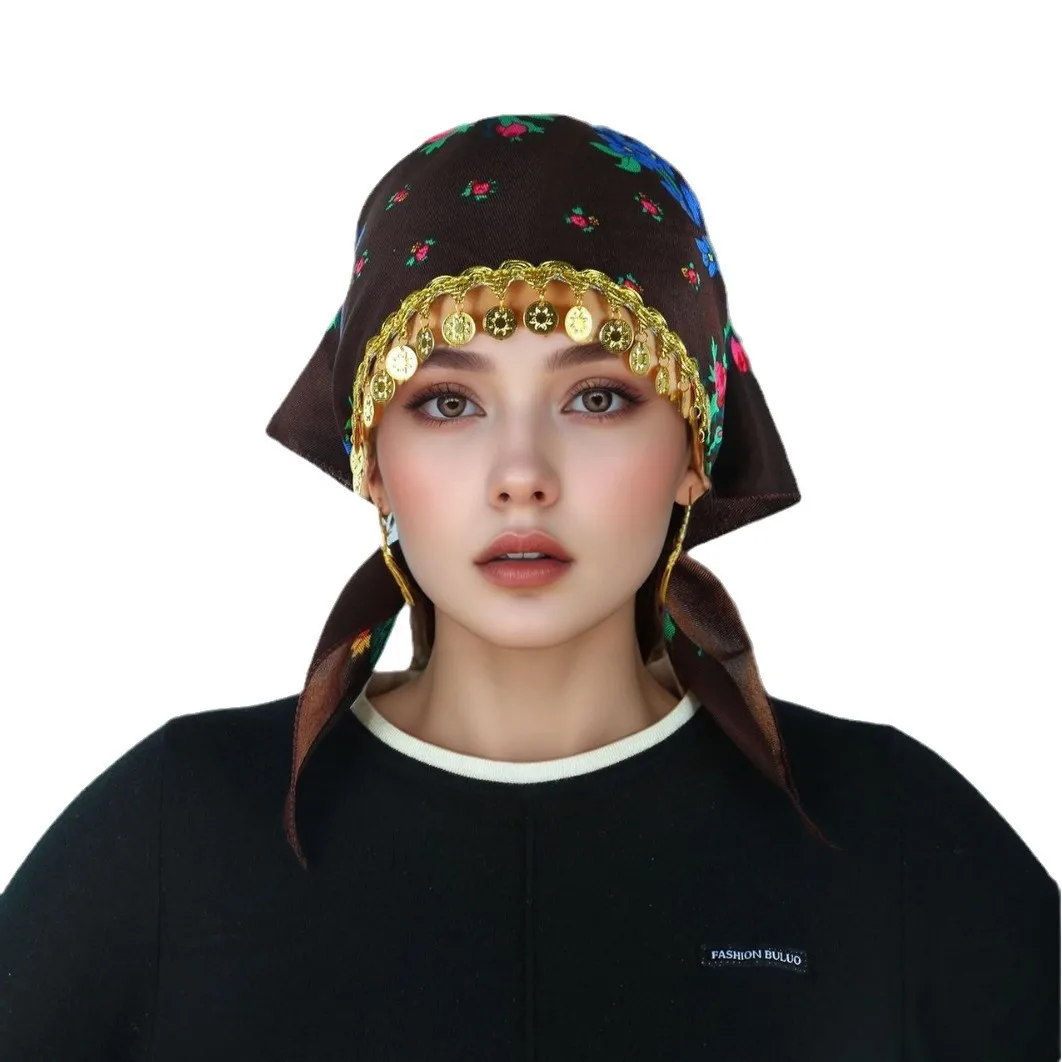 Nuevo Pañuelo triangular árabe de alta sensación con diseño de lentejuelas doradas con estampado de peonías de estilo étnico para mujer