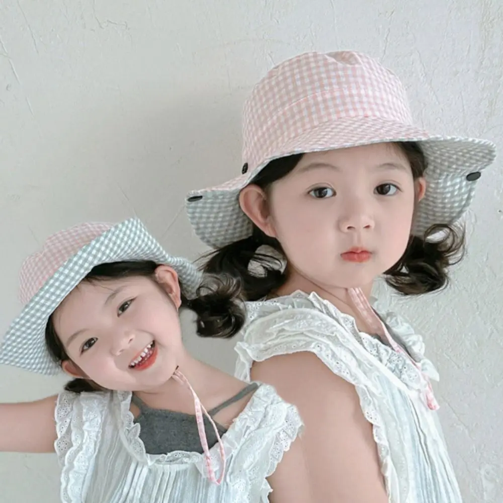 

Comfortable Drawstring Boys Girls Bucket Cap Double Sided Lattice Children Fisherman Hat Anti-UV Casual Baby Sun Hat Boy/Girls