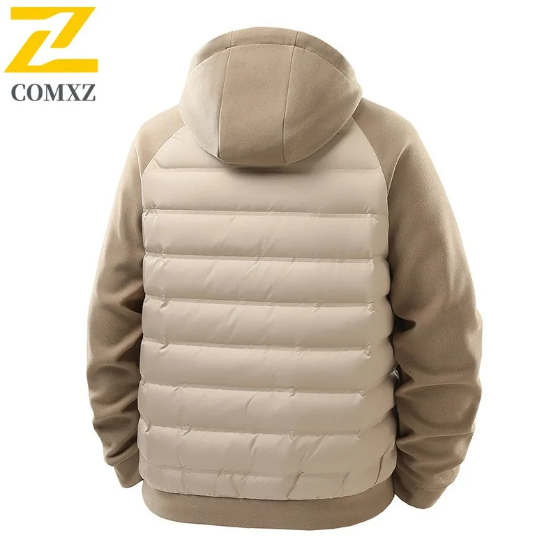 COMXZ Premium Men Down Jacket Splicing Hooded Outdoor Adventure Thickened Warm Parka Hiking Lightweight Comfort Winter Down Coat