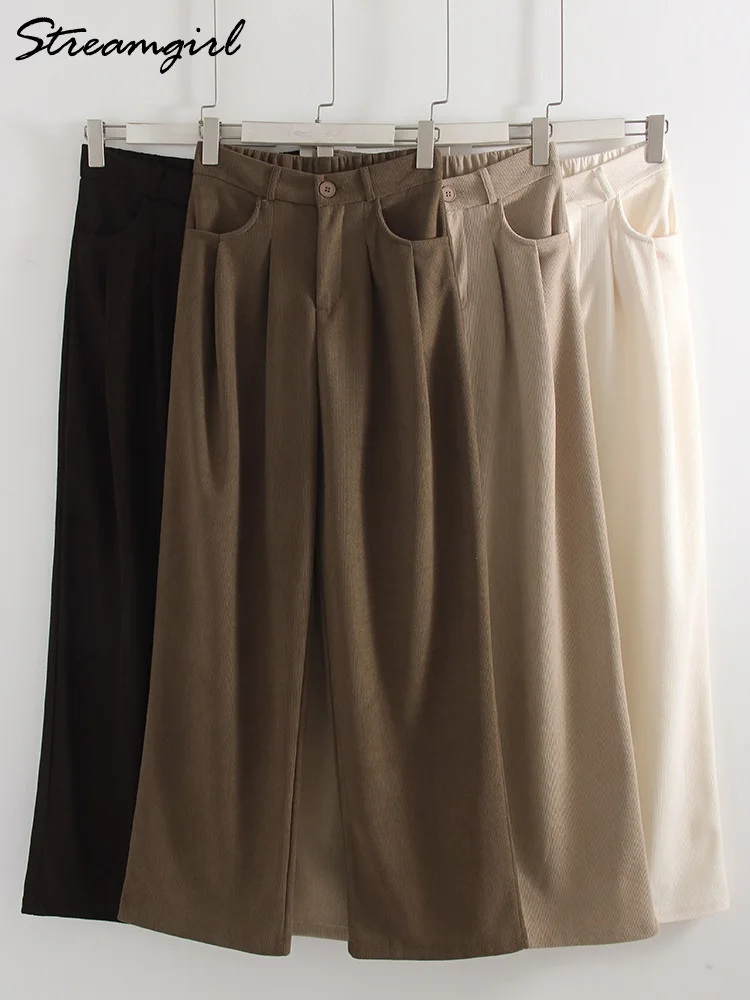 Streamgirl veludo calças retas mulheres cintura alta casual calças de perna larga bege primavera feminino calças marrons vintage formal