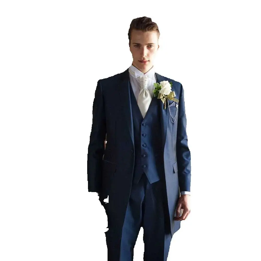 Handsome Navy Blue Wedding Party Suits for Men Single Breasted 3 Piece Jacket Pants Vest Male Clothing Business Blazer Sets