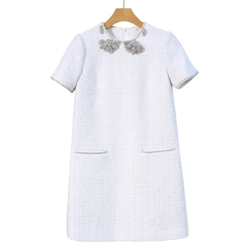 

Women's White Tweed Dress Bow Decoration Short Sleeve Pocket Cocktail Party Work Office Elegant A-line Formal Dresses