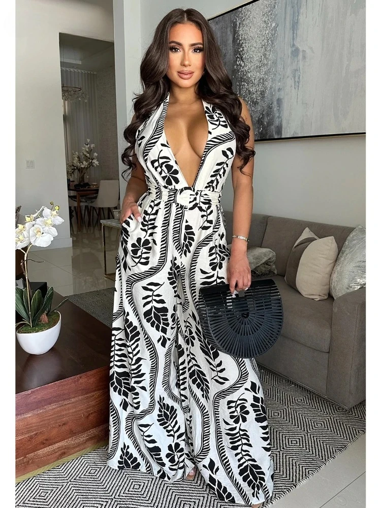 BWQ-monos sin mangas con estampado de hojas para mujer, traje de una pieza con cuello en V y pierna ancha, trajes con fajas para playa y discoteca, traje de una pieza, 2025