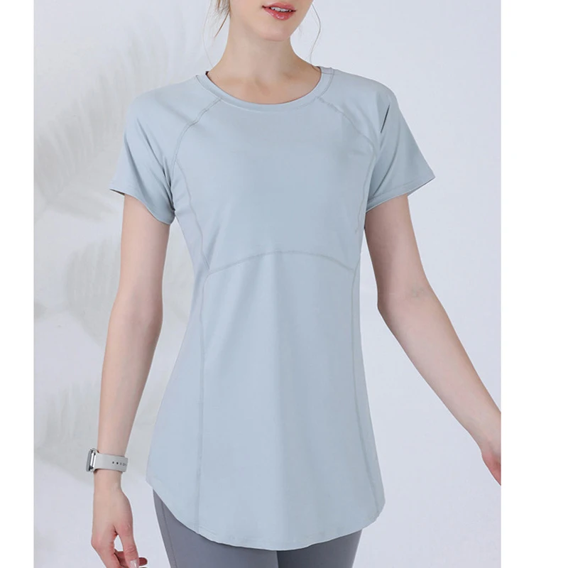 Yoga Sport Top For Women Short Sleeve Shirts Cover Hip Gym Shirt Fitness Workout Pilates Wear Fitted Tops Quick Dry Blouse