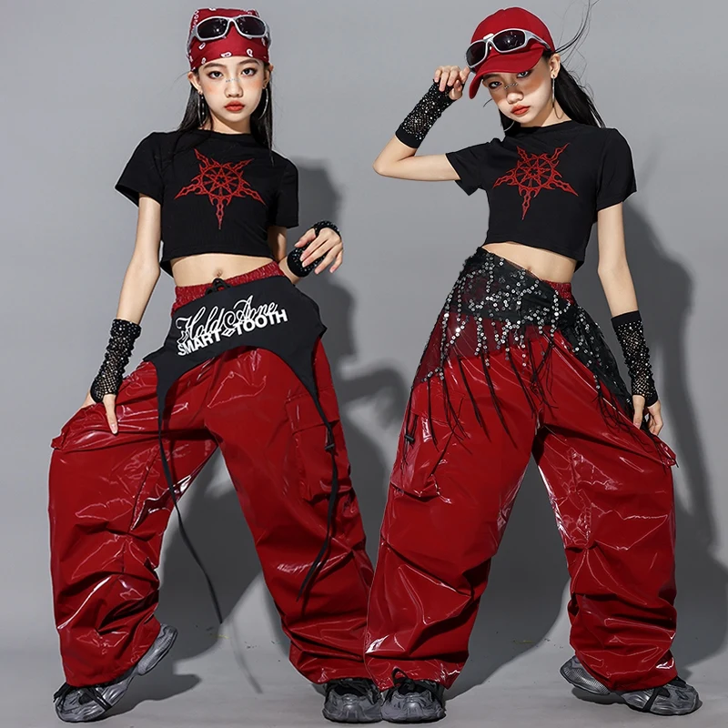 الأطفال ملابس رقص الجاز الفتيات Kpop أداء المرحلة ارتداء الأسود المحاصيل الأعلى مشرق الأحمر الهيب هوب الرقص السراويل الشارع Dancewear 2489