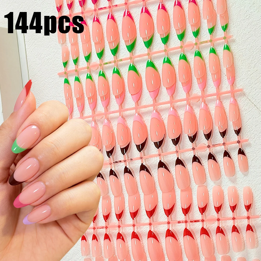 

144 шт. зеленых и розовых ярких накладных ногтей «Французский маникюр» средней длины, разноцветные накладные ногти «Французский маникюр», многоразовые, накладные ногти, которые можно носить