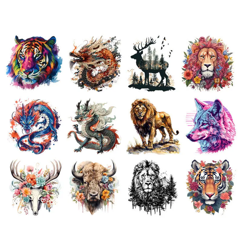 Autocollant de transfert de chaleur pour la décoration de vêtements, patch thermocollant, imprimé sur t-shirt, accessoire de bricolage, animaux, tigre, dragon, discuter