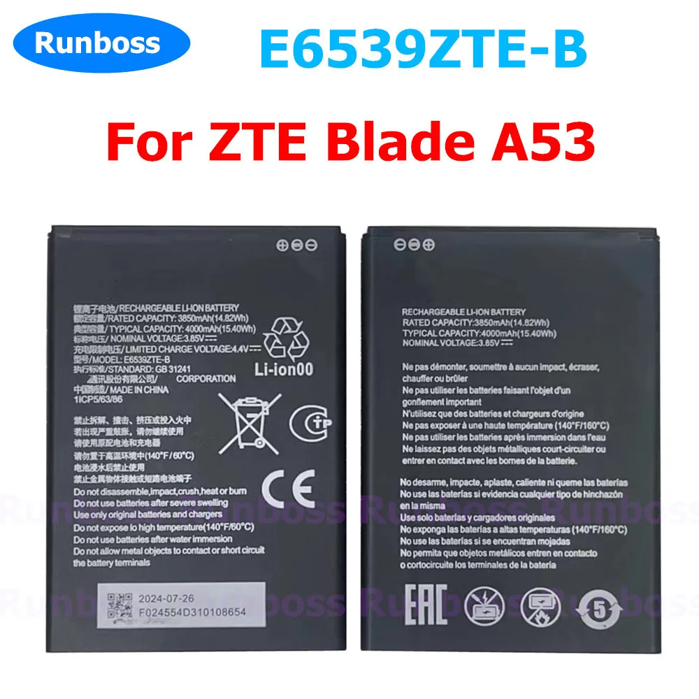 New High Quality 3.85V 4000mAh Battery For ZTE E6539ZTE-B For ZTE Blade A53 1ICP5/63/86 Replacement Batteria