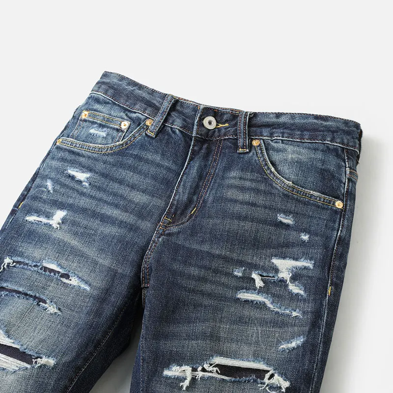 الشارع أزياء الرجال الجينز عالية الجودة خمر الأزرق تمتد سليم صالح مرقع ممزق الجينز الرجال Y2K مصمم الدنيم السراويل Hombre