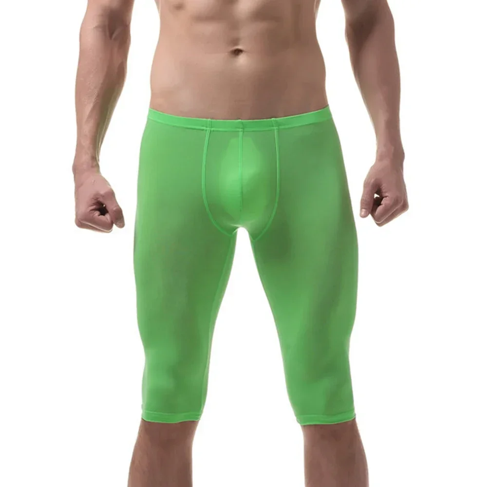 

Sexy Men's Ice Silk Long Boxers Mid-Waist Fast Dry Sports Underwear Comfortable Traceless Mid-Length Leggings for Active Men