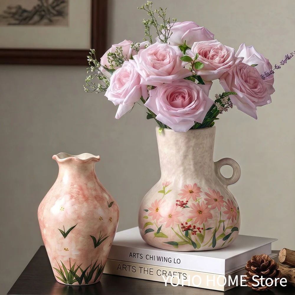 

Jingdezhen Hand-Painted Floral Ceramic Pink Vase Ornament For Living Room Arrangement, Light Luxury High-End Vessel, Fresh