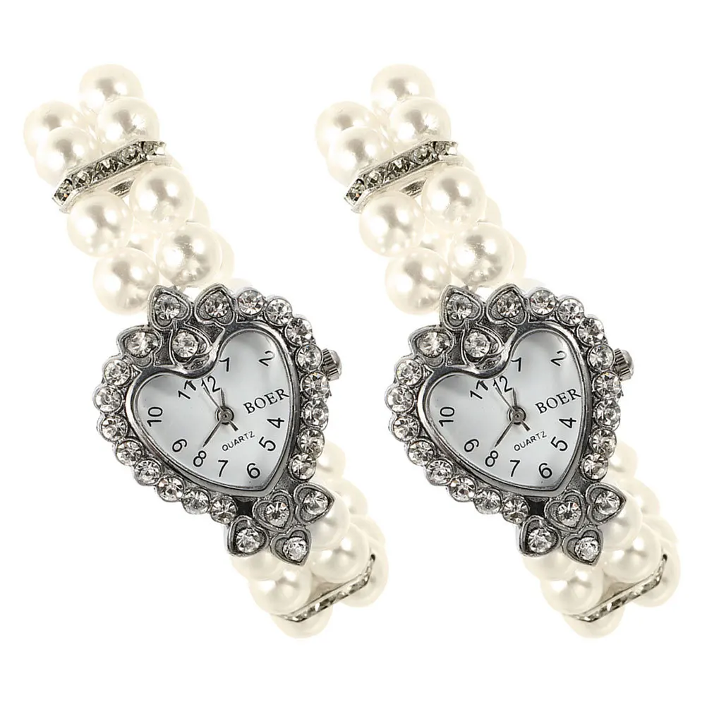

2Pcs Women Elegant Heart Shaped Crystal Pearl Bracelet Watch for Party Prom Special Occasions Watches for Women