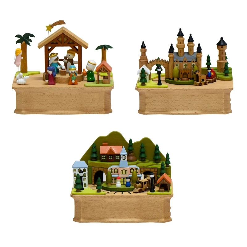 Music Box with Rotating Train Castles Nativity Scene Designs with Melodies Mechanism Musical Box Desktop Ornament