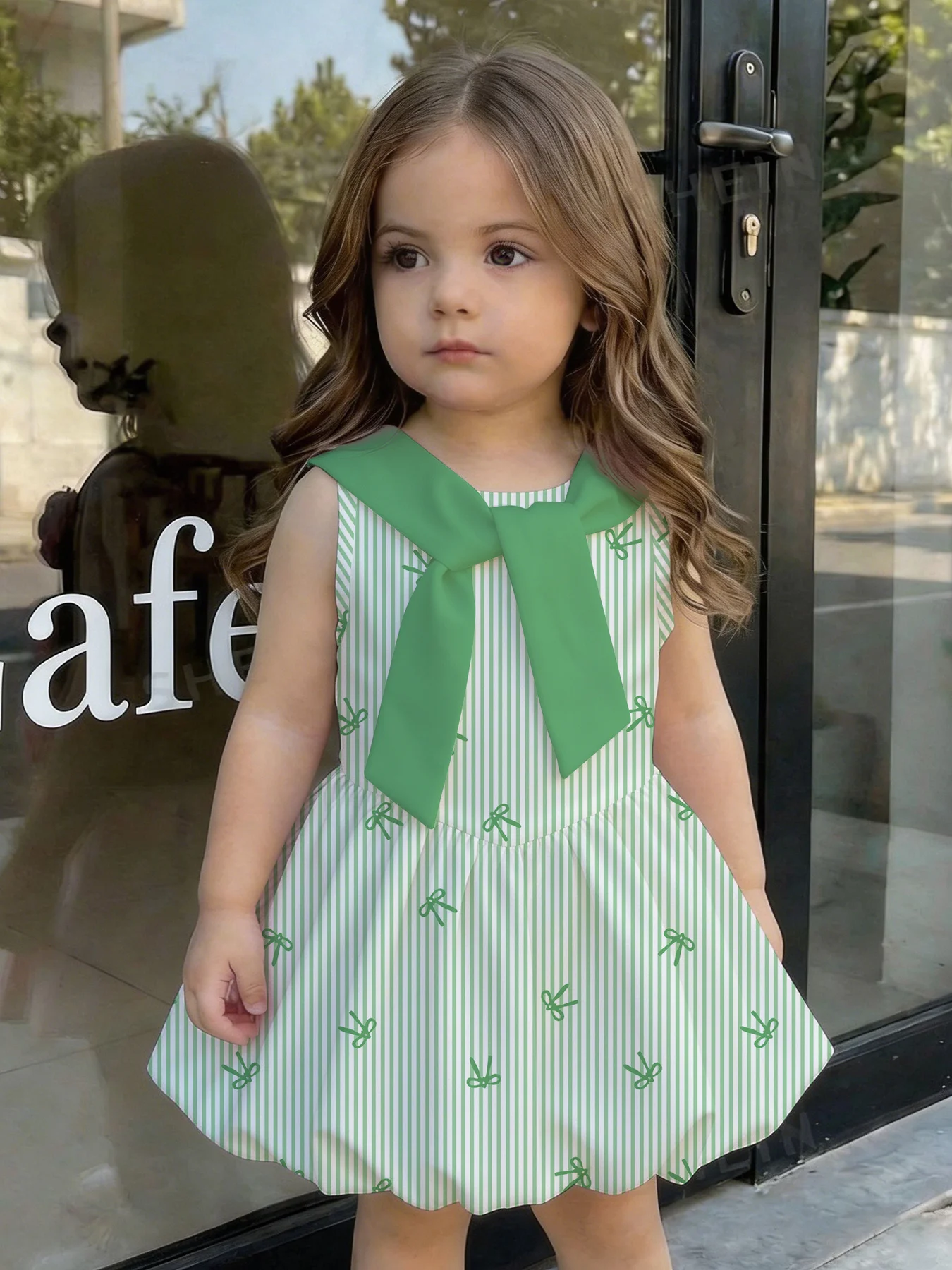Children's Striped Bow Print Dress round Neck Sleeveless Strap Waist Cinching A-Line Skirt Casual Summer Fashion for Kids