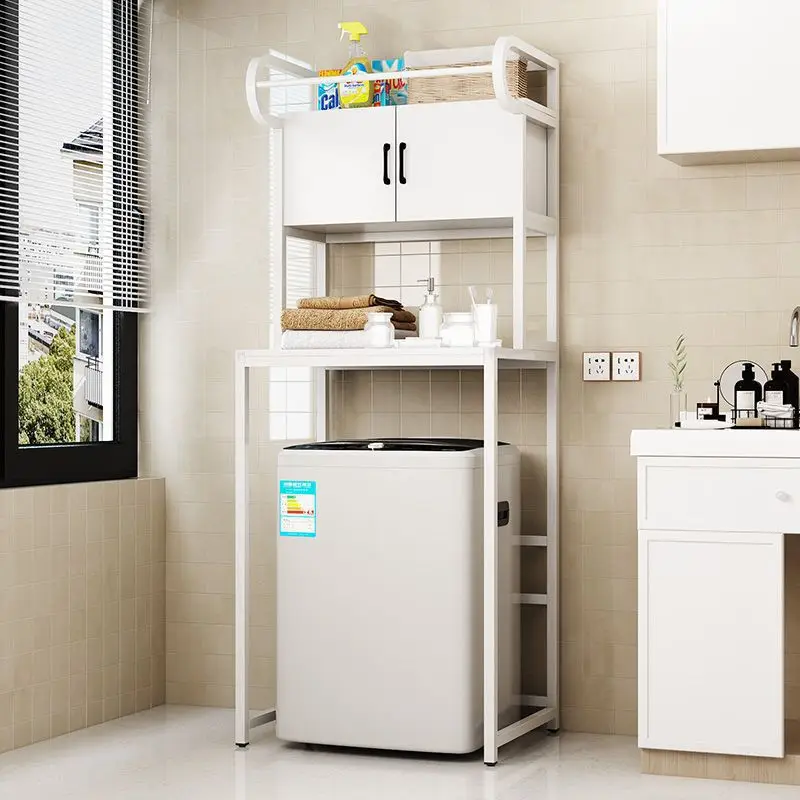 washing machine, shelf, bathroom, floor, drum, upper cabinet.