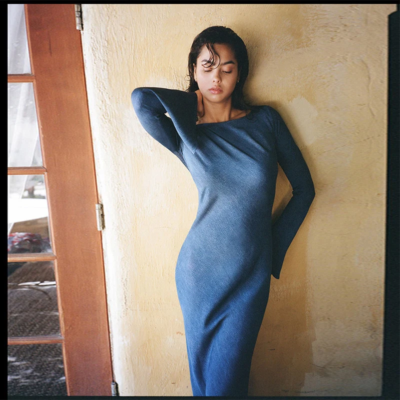 

Blue Silk Off--Shoulder Long-Sleeve Slim-Fit Dress Long, Bodycon, Elegant, Everyday Work Dress