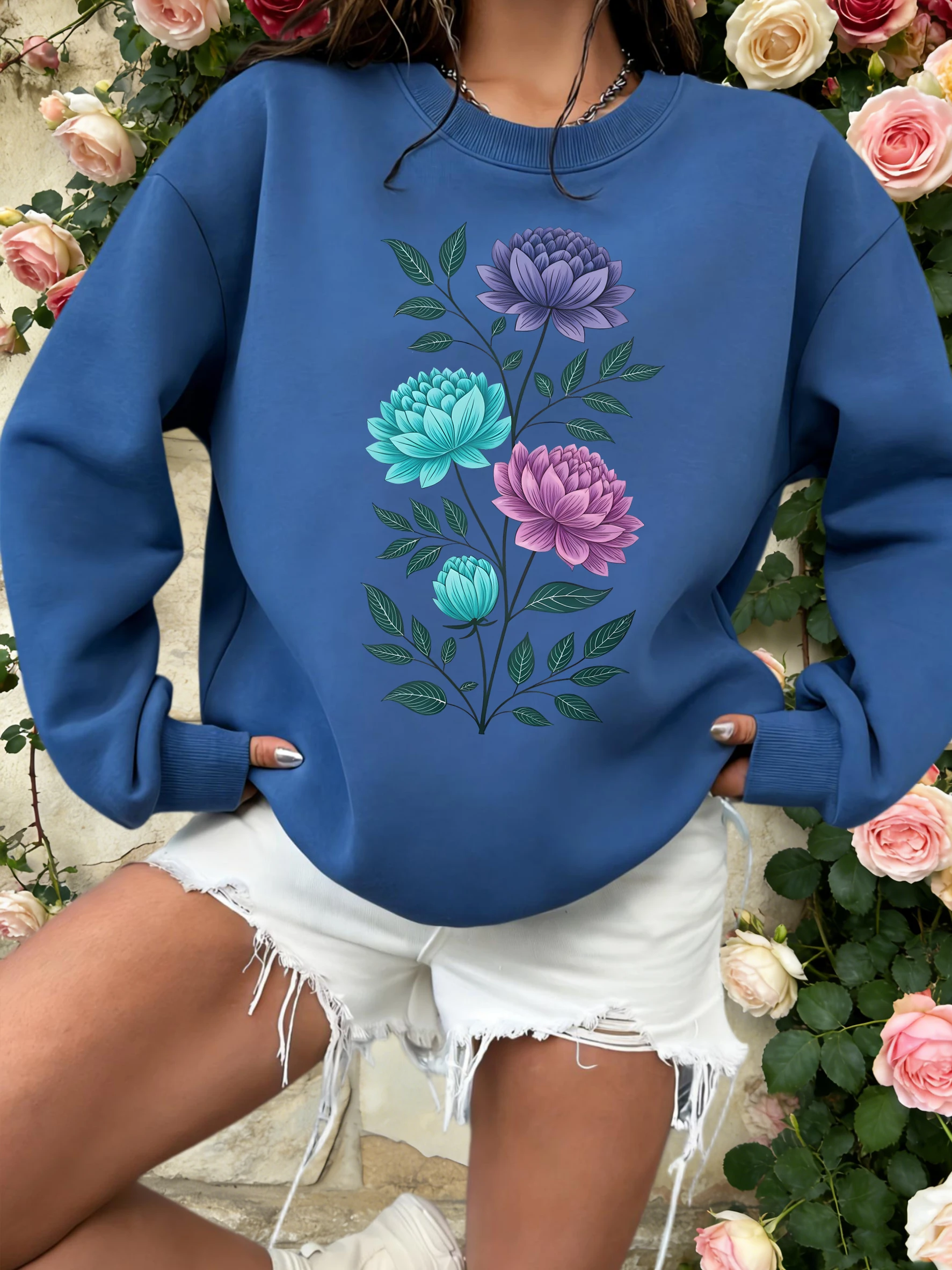 

Эстетичный свитшот с дизайном цветочных веток для женщин, уличный стиль, мягкий флис, Y2K, осенняя одежда, свободный крой, удобный пуловер