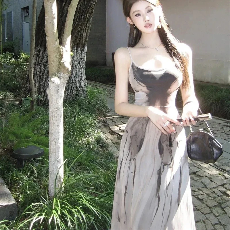 Ink Printed Camis Dress Sexy Backless Elegant Slim Butterfly Dress Mesh Lightweight Breathable See Through Party Vestidos