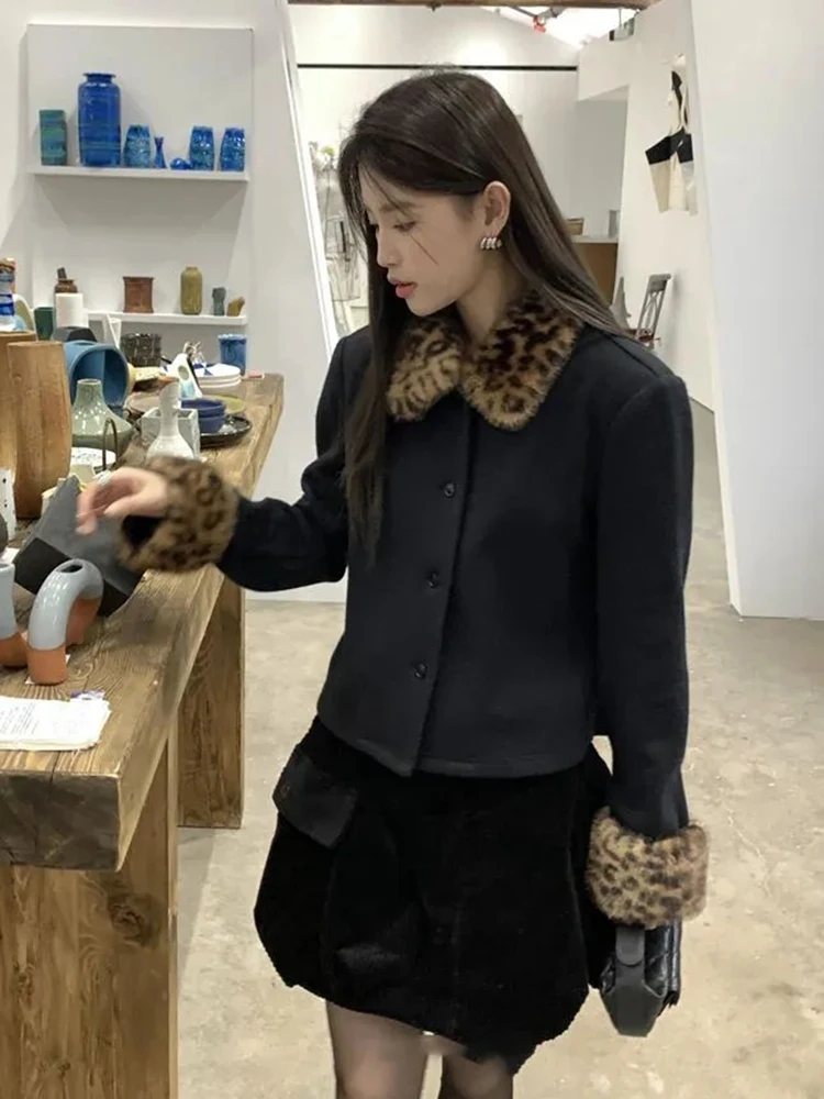 Leopard Fur Collar Patchwork Punk Coat Women Korean Loose Streetwear Fur Jackets Y2K Aesthetic Turn Down Collar Crop Outerwear