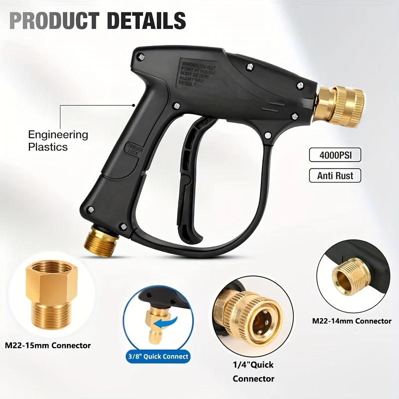 Hochdruckreiniger-Pistolen-Set mit 1/4"-Schnellanschluss und M22-14-Gewinde-Einlass, 5 Düsenspitzen und M22-15mm-Adapter & 3/8"-Schnellstecker – Detail 3