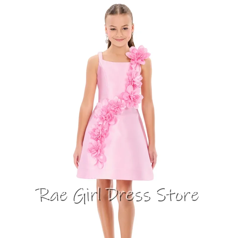 Sweet Pink Satin Flower Girl Dress Spaghetti Straps Short A Line Mini Gown With 3D Floral Applique Birthday Formal Party Custom