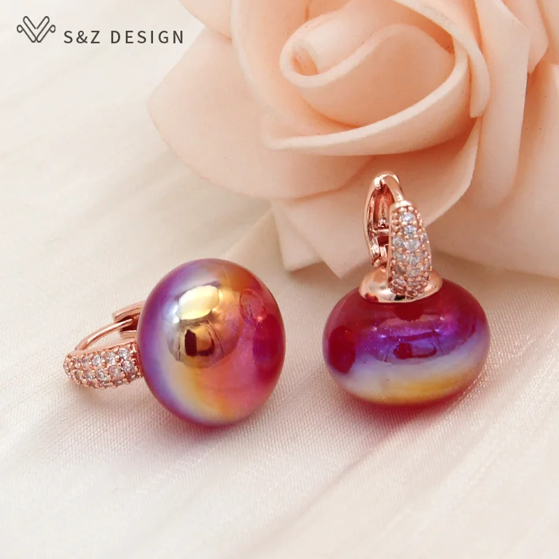 S&Z DESIGN New Fashion Colorful Beads Dangle Earrings For Women Wedding 585 Rose Gold Color Jewelry Cubic Zirconia Eardrop