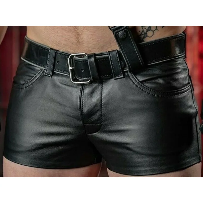 Mens Summer Sex Black Leather Shorts Mens Casual Skinny Motorcycle Riding PU Leather Shorts Street Boxer club Punk Short Pants