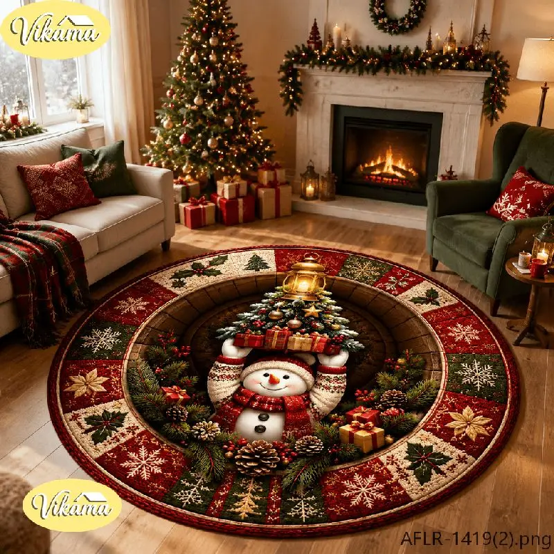 VIKAMA Christmas Round Rug 3D Snowman Holding Gift Boxes Area Rug Living Room Holiday Home Decor Aesthetic Art Large Premium