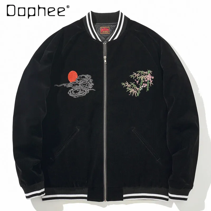 Men's Jacket with Tiger Embroidery Heavy-duty Baseball Jacket Vintage Velvet Bomber Jacket Japanese Style Varsity Jacke