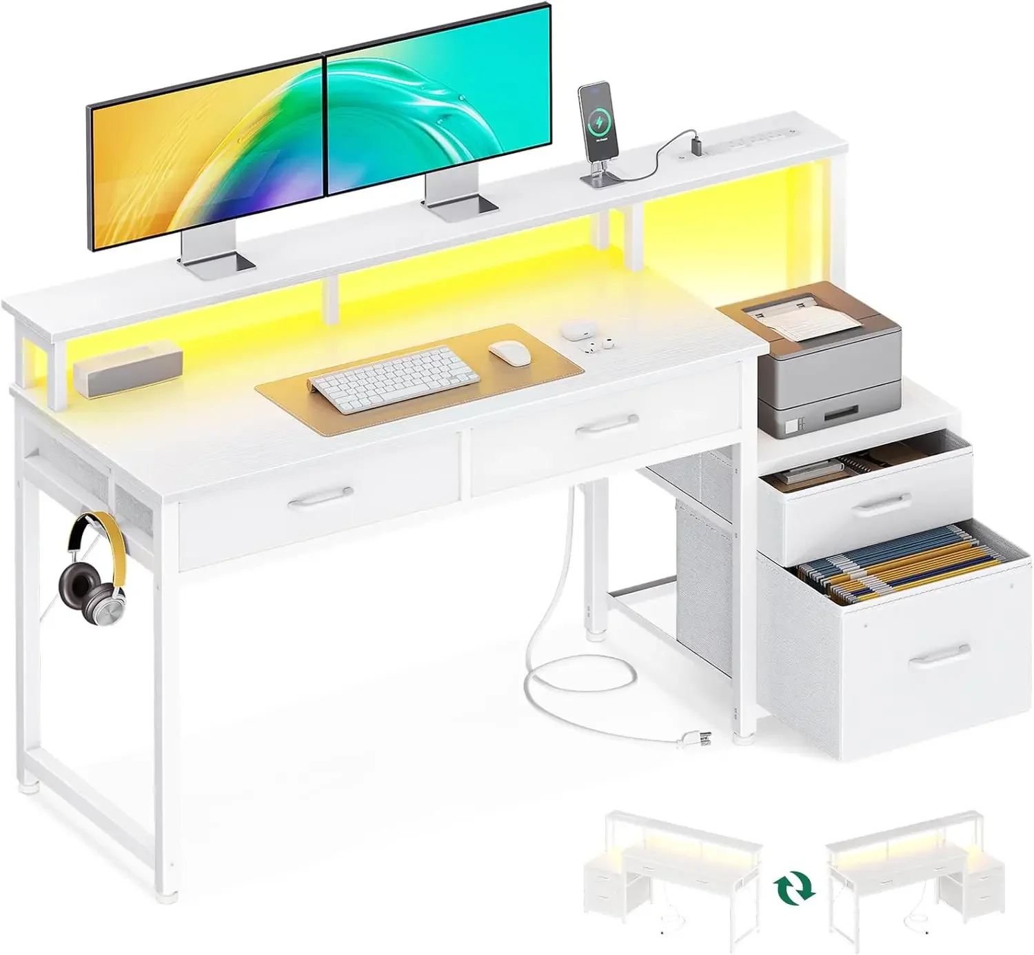 Computer Desk with Fabric File Cabinet and Fabric Drawers, Reversible Office Desk with LED Strip and Power Strip, Gaming Desk wi